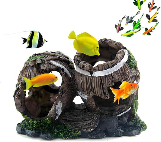Aquarium Decorations Cave – Resin Fish Tank Ornament Barrel Hideout for Betta, Shrimp & Small Fish, Rock Cave Shelter Breeding & Hiding Decor Broken Barrel Aquarium Decoration (Broken Barrel-02)
