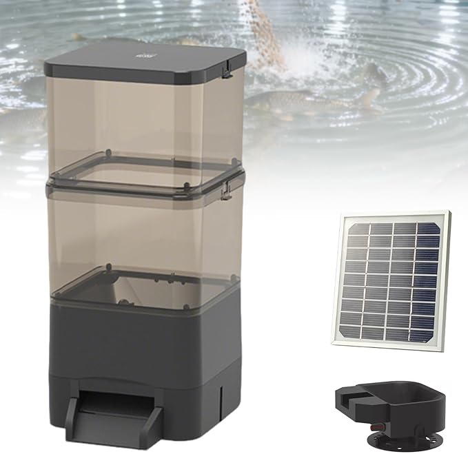 Pond Fish Feeder, 4L/10L/20L Solar Powered Automatic Fish Feeder, Large Capacity,with Feed Thrower,Supports Remote Control via Mobile-app, for Outdoor Fish Ponds Black-20L