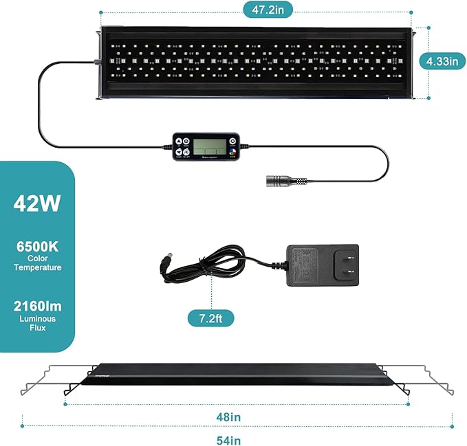 24/7 LED Aquarium Light, IP68 Waterproof Extendable Bracket Fish Tank Light with Timer, 7 Colors, 10 Level Adjustable Brightness, DIY Mode Full Spectrum Aquarium Plant Light for 48-54 Inch Fish Tank