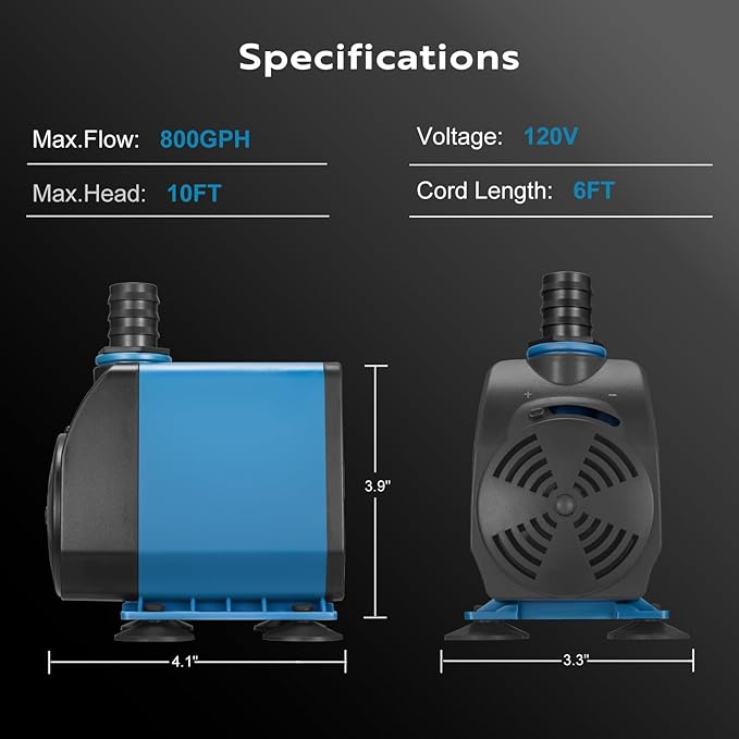 TONGCHANT Submersible Pump, 800GPH & 10ft Lift | 60W Adjustable Flow Fountain Pump for Small Pond Fish Tank & Aquarium, 3 Nozzles(1/2", 5/8" & 3/4"), Fish Safe & Ultra Quiet Operation, ETL Listed