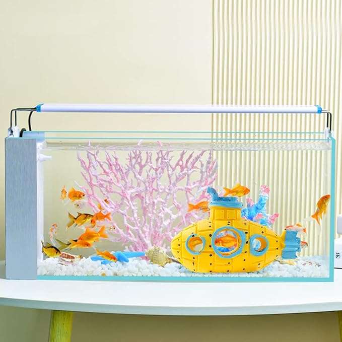 Resin Hollow Submarine Fish Tank Decorations Aquarium Shrimp Hideout Aquarium Ornament Hiding Cave Shelter for Shrimp Betta Lizards Hideaway Decor (Submarine Yellow)