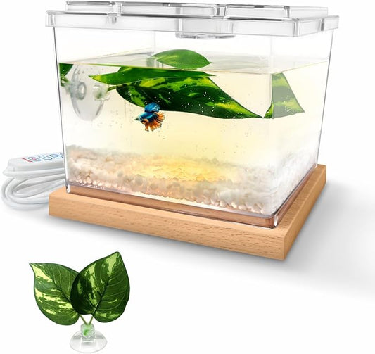 MoonOrange Mini Betta Fish Tank Kit with LED Light Base, Small Fish Bowl for Temporary Space, 0.2 Gallon Stackable Cube Tank with Betta Leaf for Small Fish, Insect, Shrimp, Crab, Spider (Kit-1)
