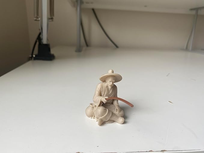 Miniature Zen Fisherman Figurine – Old Wise Man Fishing Bonsai Tree Accessory – 3D Printed Ivory Finish Aquarium & Terrarium Decor – Oriental Feng Shui Sand Garden Ornament