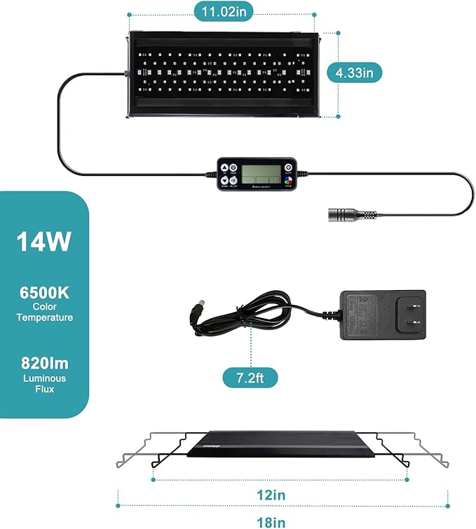 Auto On Off LED Aquarium Light, Full Spectrum Fish Tank Light with LCD Monitor, 24/7 Lighting Cycle, Adjustable Timer, 7 Colors, 10 Level Dimmable, IP68 Waterproof, 3 Modes for 12 to 18 Inch Fish Tank