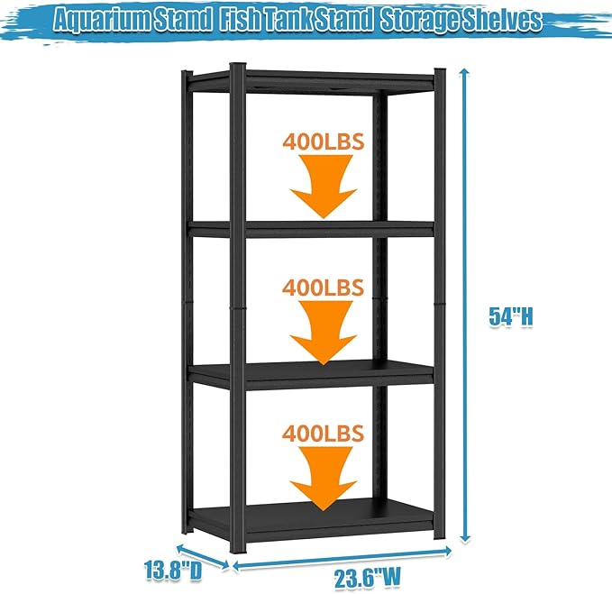 Aquarium Stand Fish Tank Stand 1600LBS Storage Shelves Heavy Duty Adjustable Metal Shelving Display Shelves Utility Shelf for Turtle Tank, Reptile Terrarium, 54"H × 23.6"W × 13.8"D, Black