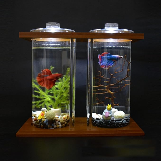 Acrylic Mini Fish Tank,Creative Wood Desktop Mini Aquarium Tank Bowl with LED Light for Goldfish Betta Small Fish Aquarium Small Fish Tank Office Business Home Decor