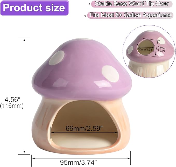 Ceramics Mushroom House Aquarium Decor – Axolotl & Betta Hiding Cave with Breeding Spot for Betta Fish, Shrimp, Small Fish & Goldfish Tank Ornament - Purple
