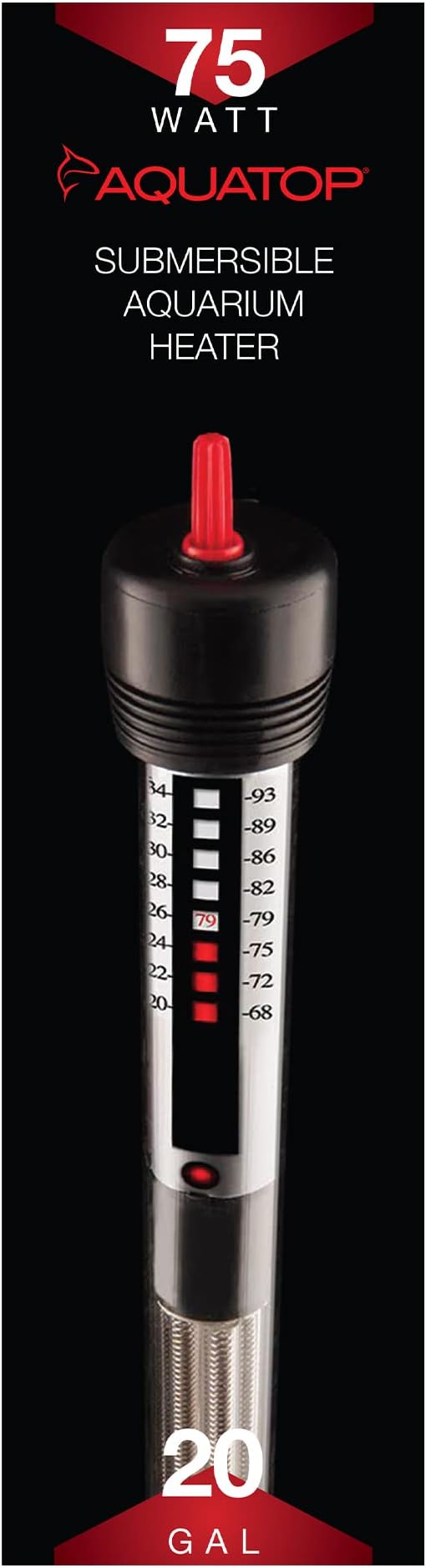Aquatop 75W Aquarium Submersible Glass Heater – Fully Submersible for Fish Tanks Up to 20 Gallons, 68-93F Adjustable Temperature Range, Fresh & Saltwater Use, Aquarium Heaters, GH-75