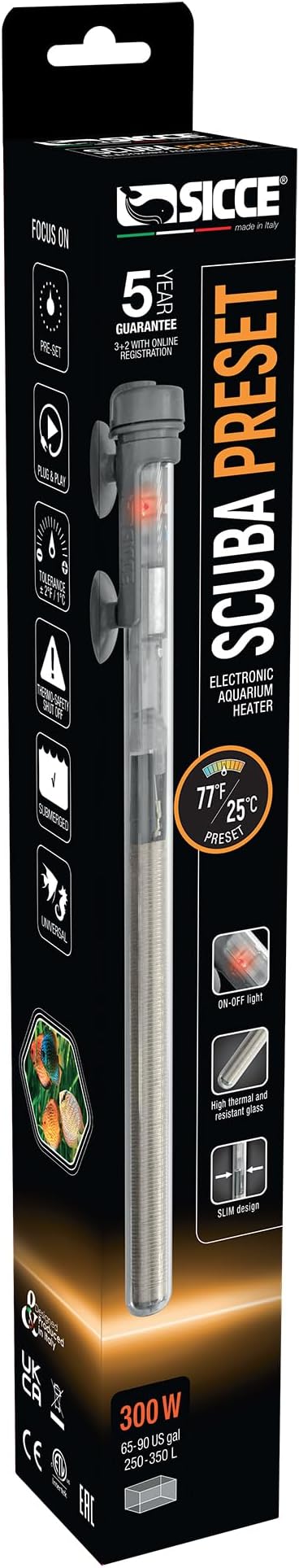 Sicce Scuba 300 Watt Aquarium Fish Tank Heater Preset at 77℉ for Up to 90 Gallons | 300W Submersible for Marine Saltwater and Freshwater | Run Dry Protection