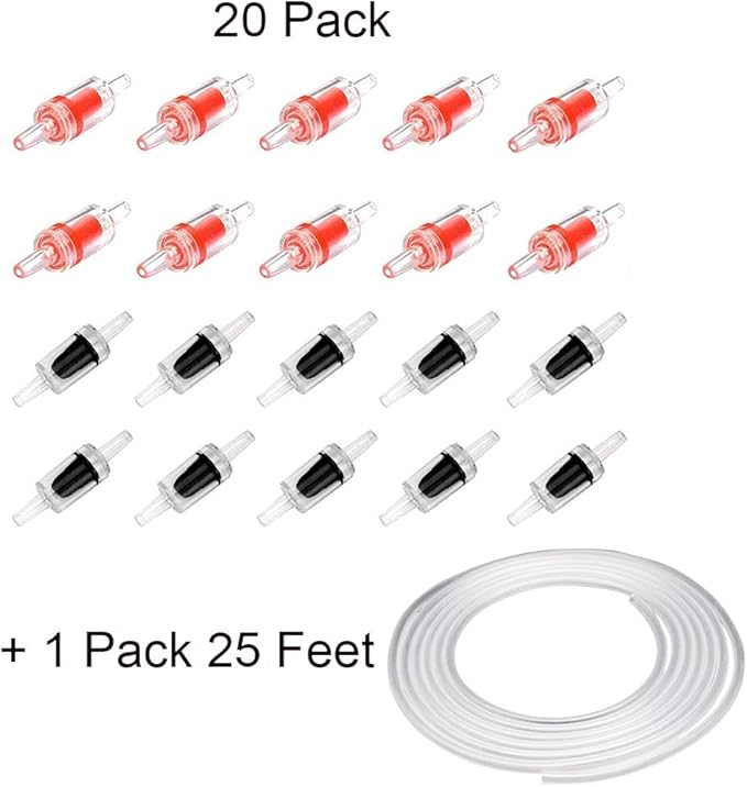 20 PCS Aquarium Air Pump Check Valves with 25 Feet Airline Tubing Clear Plastic One Way Non-Return Check Valve for Fish Tank