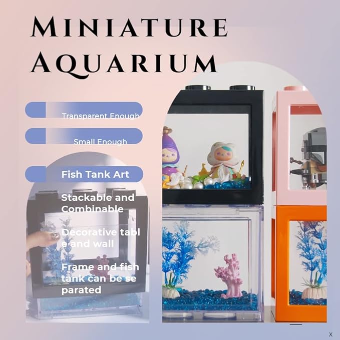Small Betta Fish Tank, Stackable Mini Fish Tank Aquarium Tank Kit, 3/5 Gallon Rectangular Fish Bowl with Aquarium Gravel Decoration, Tiny Cube Tank for Seaweed Balls Sea Monkeys
