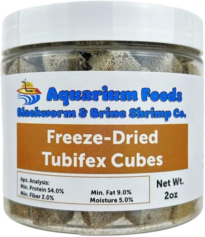 Tubifex Worms - Freeze-Dried Tubifex Worm Cubes for Discus, Cichlids, Koi & Pond Fish, Aquatic Turtles, All Community Tropical Fish, All Marine Saltwater Fish…2oz Med Round Jar