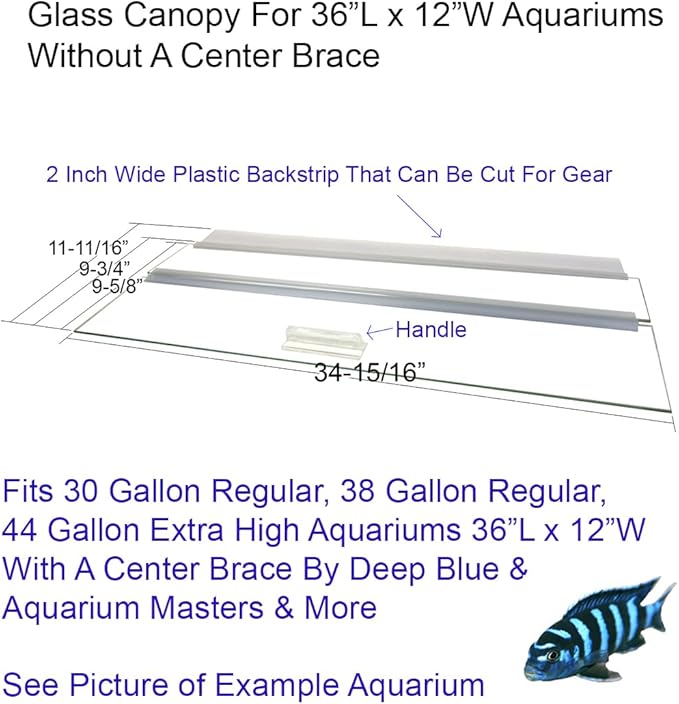 Glass Canopy for Aquariums with and Without Center Braces, 10 Gallon to 200 Gallon Aquariums (Tank Without Center Brace, 36" L x 12" W)