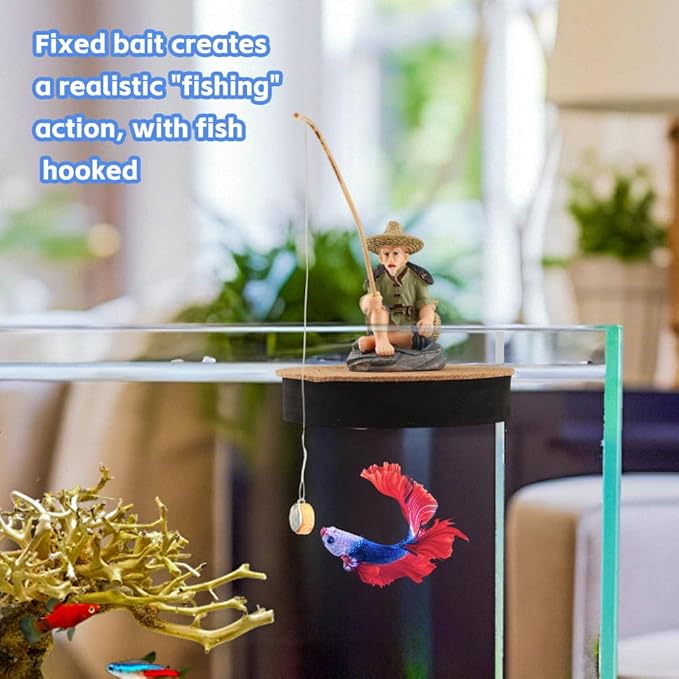 Resin Fisherman Aquarium Decor with Realistic Mini Fishing Rod, Sitting Fishing Figurines Floating Fish Tank Decorations, Fun Fish Feeder Aquarium Ornaments(Style 1)