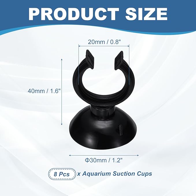 Aquarium Suction Cups, Fish Tank Suction Cups Clips Airline Tube Holders Clamps (Plastic, 8Pcs, Black) for 0.8" Fish Tank Airline Tubing Binding Moss Shrimp Nest, 20x30MM