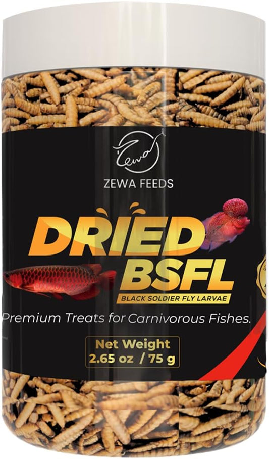 Dried Black Soldier Fly Larvae - 100% Natural, Protein Rich Fish Food for Arowana, Flower Horn, Oscar, Parrots, Reptiles (75 g/2.65 Oz/500 ml)