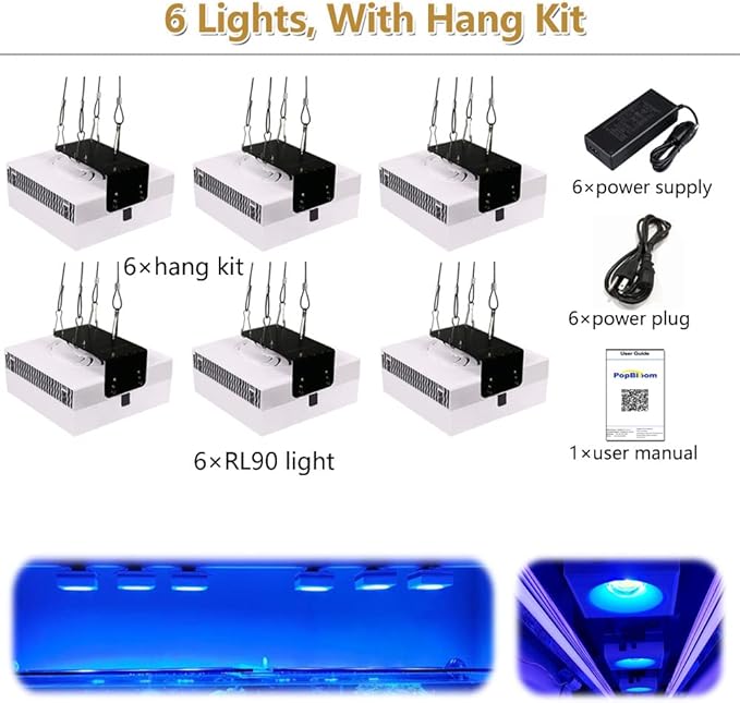 PopBloom 6PCS RL90 Led Aquarium Light for Coral Reef, Smart-APP Control Reef Led Light Aquarium Marine Lighting Fish Tank Light for 300-360CM Saltwater SPS/LPS Reef Aquarium(6 Light with Hang Kit)