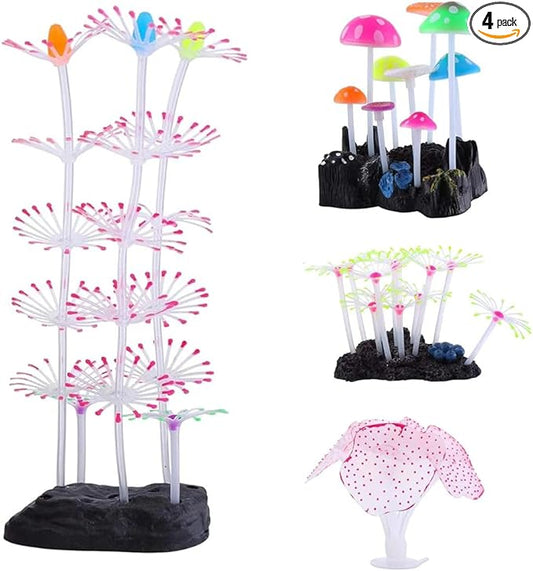 Swaying Coral Decor Set - 4-Pack: String, Starry, Feather & Mushroom Soft Silicone Aquarium Ornaments with Lifelike Motion for Freshwater & Saltwater Fish Tanks, Safe Fish Shrimp Habitat