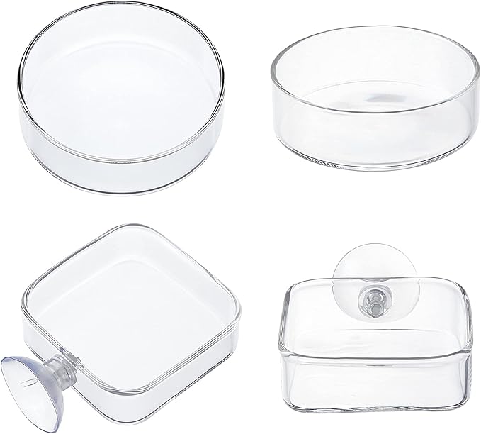 SUPERFINDINGS 4Pcs 2 Styles Transparent Glass Aquarium Shrimp Food Feeder Dish Fish Tank Feeding Bowls Dishes Flat Round Square Clear Feeding Bowl
