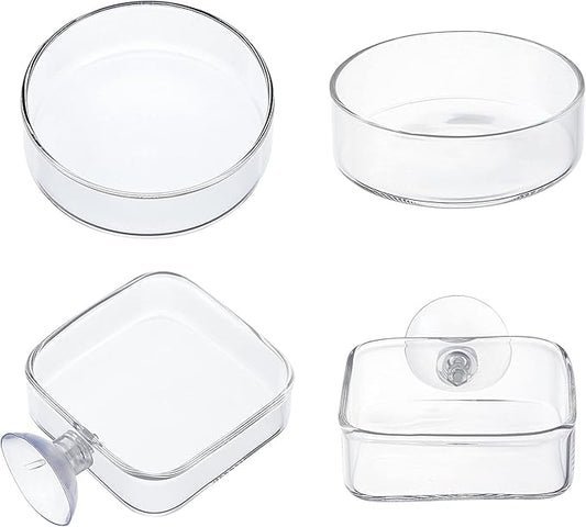 SUPERFINDINGS 4Pcs 2 Styles Transparent Glass Aquarium Shrimp Food Feeder Dish Fish Tank Feeding Bowls Dishes Flat Round Square Clear Feeding Bowl
