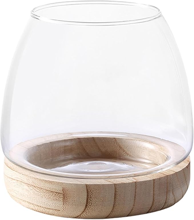 Glass Fish Bowl with Wooden Base, Transparent Small Aquarium Desktop Tank Vase Plant Terrarium Vase Home Decor, Multipurpose Aquarium Bowl for Betta Fish Goldf-ish