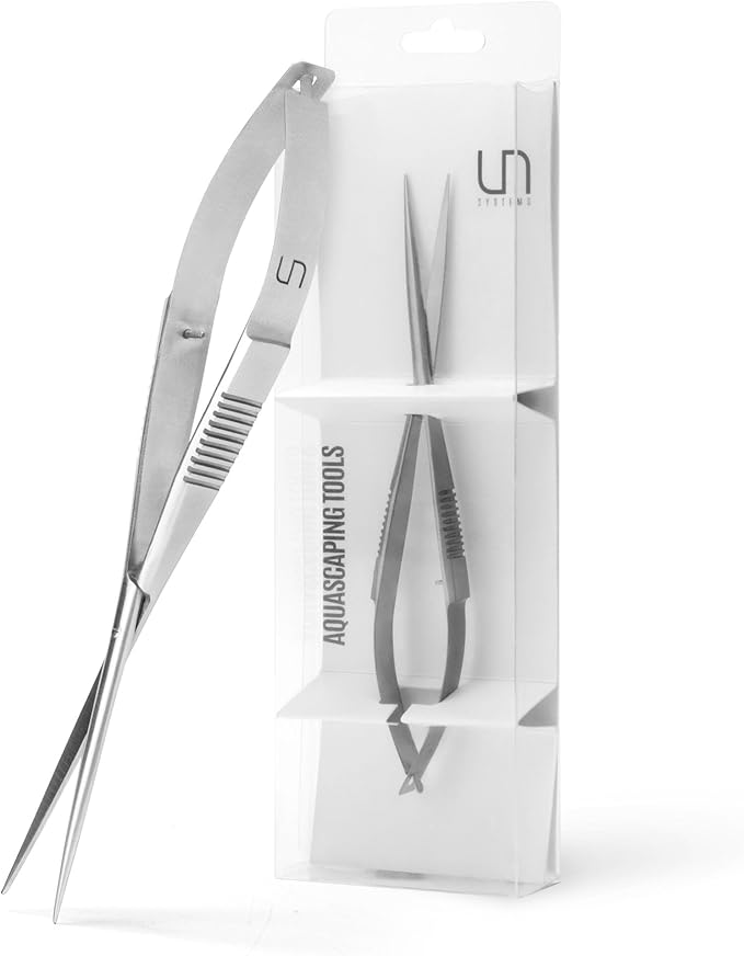 UNS Aquascaping Tools - Stainless Steel Rust Resistant Freshwater Planted Tank Saltwater Reef Aquarium Maintenance Accessory - Trimming Stem & Carpets, Coral Cutting - Straight Spring Scissors, Silver