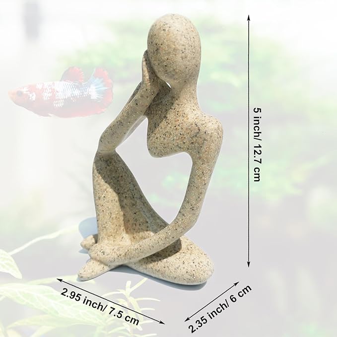 Sandstone Meditating Statue Fish Tank Decorations Betta Fish Aquarium Ornaments Small Thinker Statue Decorative Accessories for Underwater Landscaping Home Garden Décor