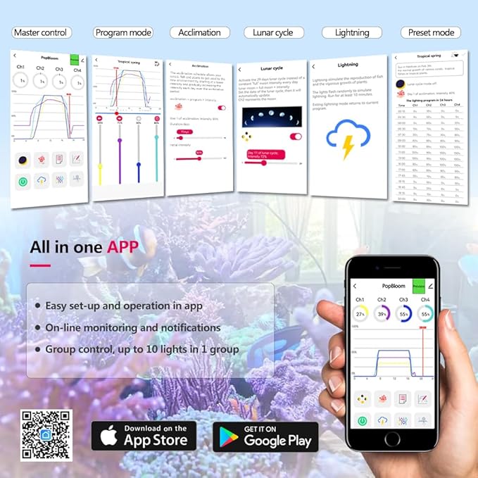 PopBloom RL90 iOS/Android App Control Saltwater Reef Aquarium Light 72 inch Aquarium LED WiFi Lights LED Coral Reef Lighting for 180-220cm Tank