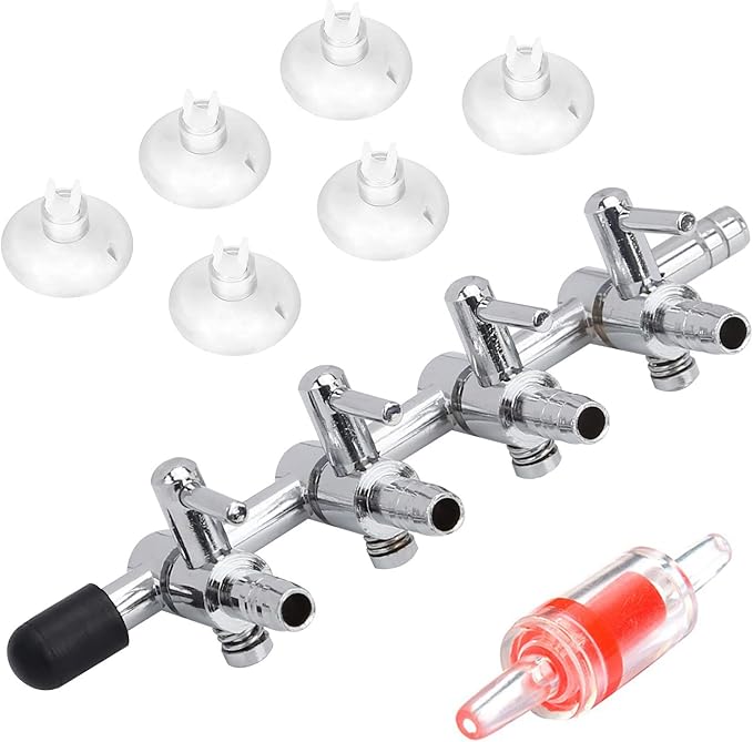 Pawfly 4-Way Aquarium Air Flow Control Lever Valve Manifold for Air Pumps Fish Tank Multi-port Distributor Splitter with 1 Non-return Check Valve and 6 Suction Cup Clips