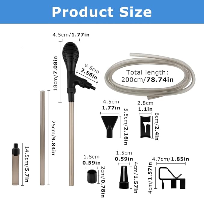 Small Fish Aquarium Gravel Cleaner Kit - Manual 80GPH Strong Suction Gravel Vacuum for Aquarium, Water Changer, Sand Washer, Glass Cleaner & Waste Remover for 5-80 Gallon Tanks, 200cm Hose