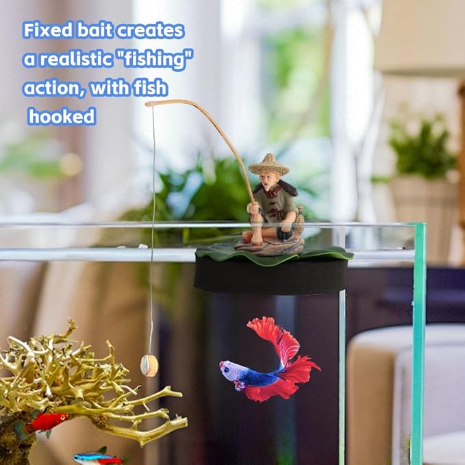 Resin Fisherman Aquarium Decor with Realistic Mini Fishing Rod, Sitting Fishing Figurines Floating Fish Tank Decorations, Fun Fish Feeder Aquarium Ornaments(Style 2)