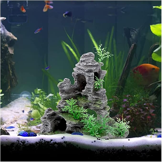 AnRui Aquarium Mountain View Rock Landscaping Decorations Fish Tank Resin Rock Hiding Cave Ornaments with Small Plant
