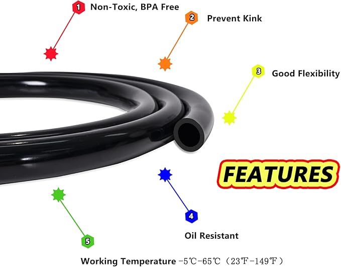 Feelers Black PVC Vinyl Tubing 5/8" ID x 7/8" OD Water Fish Tank Aquarium Air Line Lightweight Hose BPA Free, 3.28 Feet