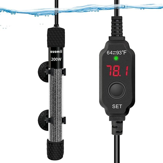 Mini Submersible Aquarium Heater,200 Watts Adjustable Fish Tank Heater, Built-in Thermometer, External Temperature Controller, Smart Memory, Used for 1-60 Gallons (200 Watts)