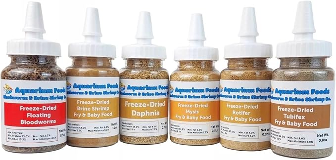 6-Pack of Bloodworms, Brine Shrimp, Daphnia, Mysis Shrimp, Rotifers, Tubifex Powder & Bits for Freshwater Fish, Marines, Corals, Anemones, Baby Pond Fish…6 x SM Squeeze Bottles