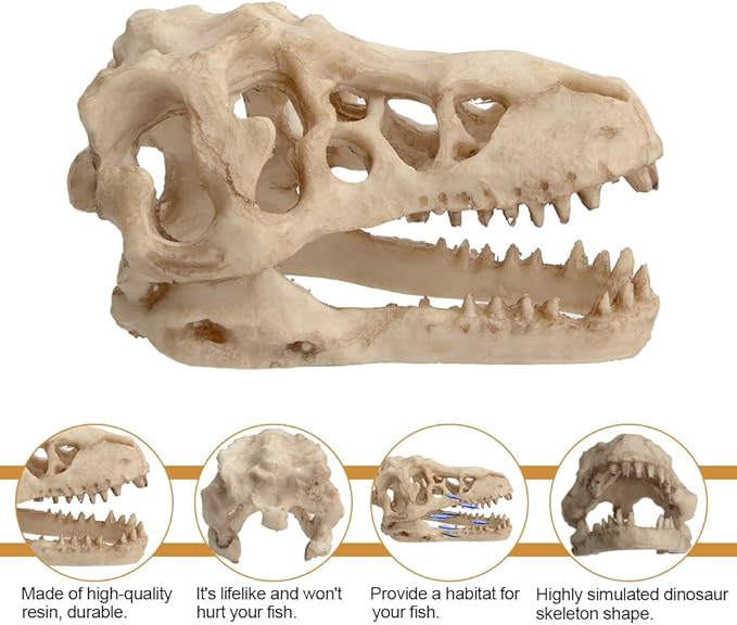 Fish Tank Decorations Dinosaur Skull Decor Resin Aquarium Decoration Accessories for Small Betta Fish, Hermit Crab Hideout Caves, Reptile House Ornament