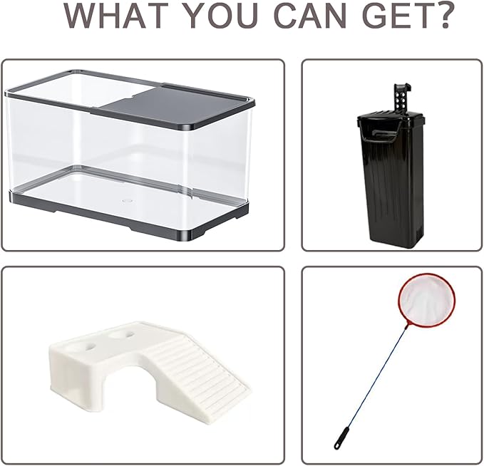 Upgraded 3 GAL Turtle Tank Kit(Tank+3.5W Filter+Basking Platform),Fish Tank Starter Kit, Aquarium for Crabs,Fishes,Amphibians,Reptiles(12 * 7.7 * 7.2 Inch)