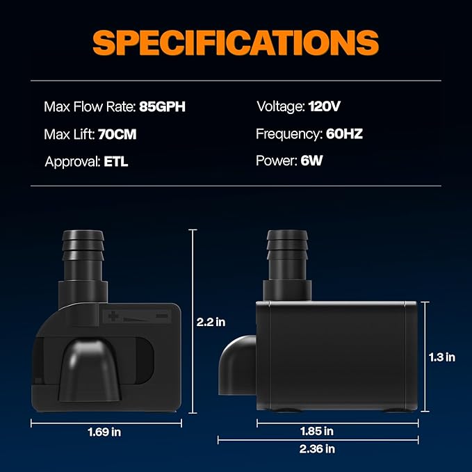 Submersible fountain pump, an ultra-quiet water pump with a filter screen. 85GPH,120V 60HZ, features a detachable design, and is suitable for fish tanks, aquariums, hydroponic systems, and fountains.