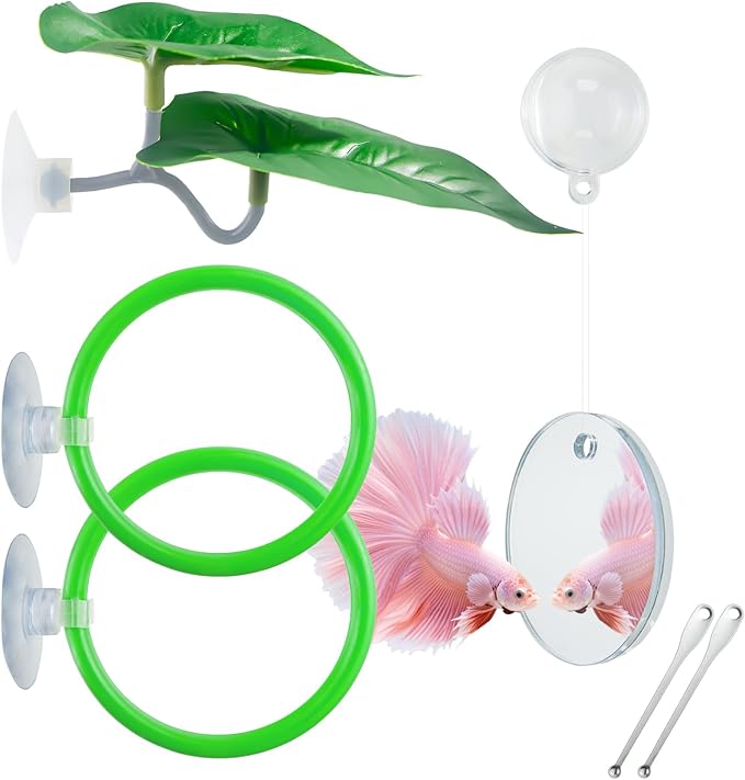 Betta Fish Toy Set: Betta Training Floating Mirror, Training/Feeding Ring, Spoon, and Resting Leaf. Promotes Exercise. Betta Toys, Resting & Feeding Kit.