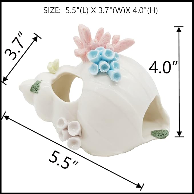 Starryfill Aquarium Decorations White Ceramic Conch Thematic Ornament with Three Holes for Betta Fish Passing or Hiding Safely,Betta Fish Tank for Small and Medium Fish