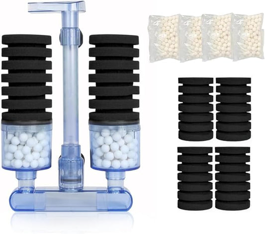 UPETTOOLS Aquarium Biochemical Sponge Filter (15-55 Gallon) - Ultra-Quiet Air Pump, Double Head, Bio Foam & Ceramic Media, Ideal for Saltwater/Freshwater Tanks