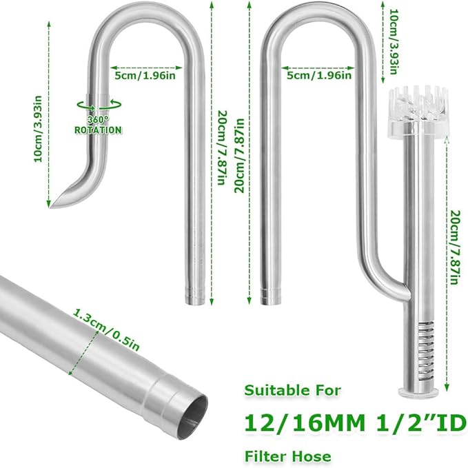 LINLAN 304 Stainless Steel Lily Pipe Inflow and Outflow with Mini Aluminum Alloy Pipe Holder, 360° Rotatable Outflow, Fits 12/16mm(1/2" i.d.) Filter Hose, for Rimless Aquariums (12mm-with Skimmer)