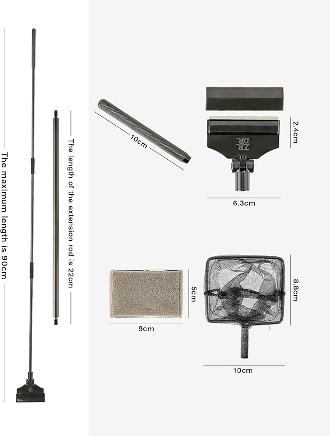 Stainless Steel Algae Scraper Aquarium Cleaning Tool for Glass Aquariums, Including Algae Scraper, Sponge Pad, Fish Net, Cleaning Brush, Adjustable Length, Durable, Does Not Hurt The Fish Tank