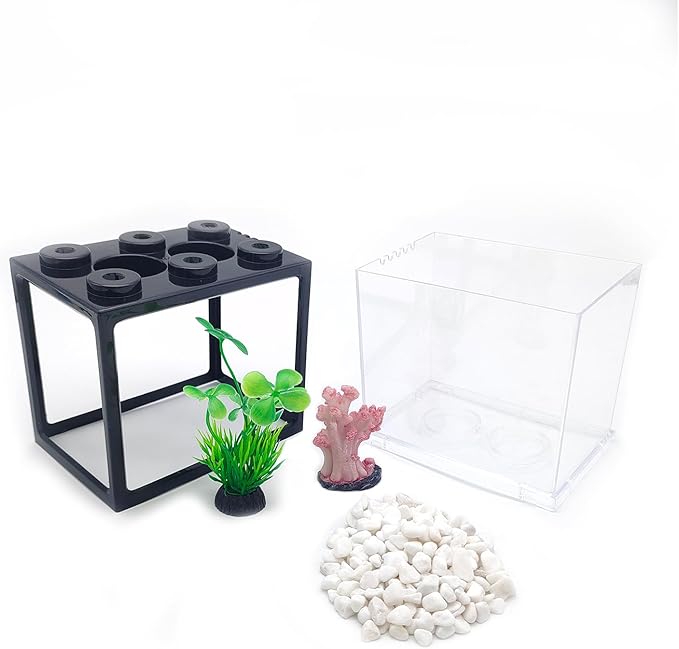 0.25 Gal Black Desktop Aquarium Kit with Aquarium Gravel & Resin Decorations, Cube Mini Fish Tank, Stackable Desktop Fishbowl for Sea Monkeys & Aquarium Landscape Enthusiasts