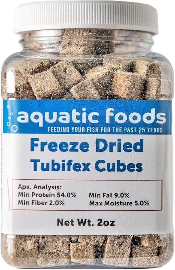 Tubifex Worms-Freeze Dried Floating Tubifex Worm Cubes for All Tropical Fish, Marine Fish, Discus, Cichlids, Koi & Pond Fish, Turtles…2oz Small Jar