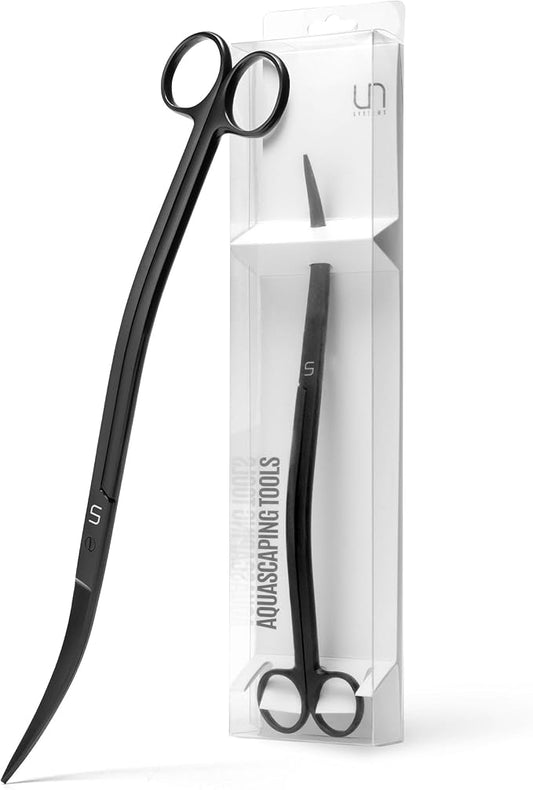 UNS Aquascaping Tools - Stainless Steel, Rust Resistant, Freshwater Planted Tank, Saltwater Reef Aquarium Maintenance Accessory - Trimming Stems & Carpets, Coral Cutting - Wave Scissors, Black