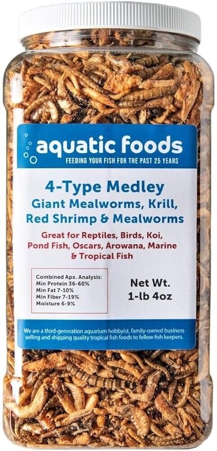 4-Type Medley Mix of Freeze Dried Superworms, Krill, Red Shrimp, Mealworms for Reptiles, Turtles, Tortoises, Frogs, Hamsters, Birds, Rodents…1-lb & 4oz Lg Jar