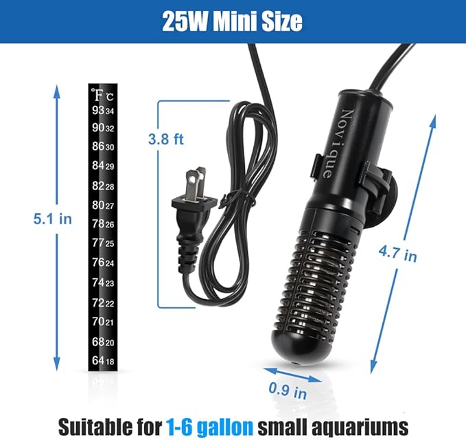 25W Mini Aquarium Heater Submersible Constant Temperature Fish Tank Betta Heater Free Thermometer Sticker Suitable for 1-6 Gallons Saltwater and Freshwater Tanks