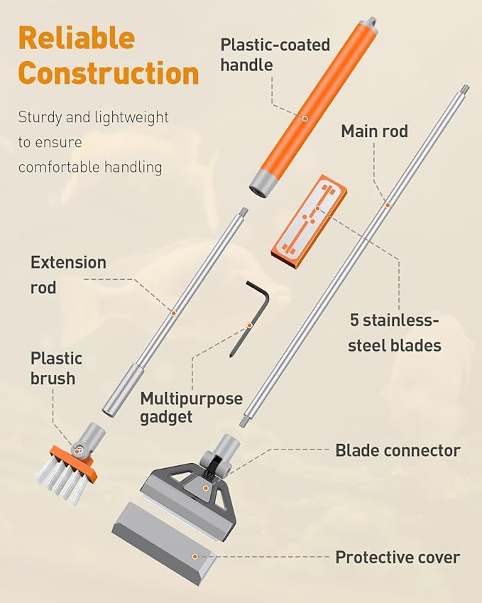 Pawfly Aquarium Algae Scraper Cleaner Fish Tank Brush with 5 Stainless Steel Blades, 26 Inch Aquarium Glass Scraper Aquarium Cleaning Tool