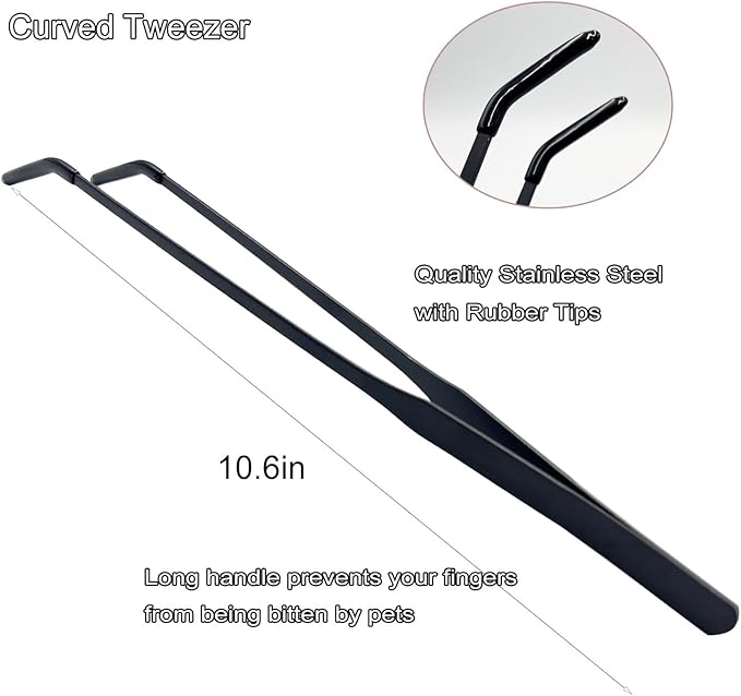 Stainless Steel Straight and Curved Tweezers Aquarium Tweezers with Rubber Tips Long Handle Reptile Feeding Tongs for Fish Tank Aquatic Plants, 2pcs, 10.6 Inch, Black
